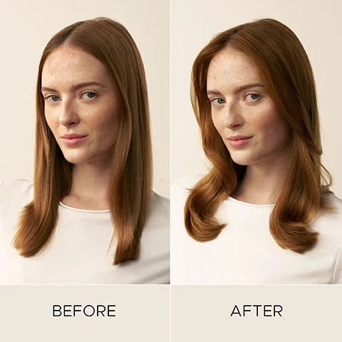 Image 6-christopherobin-en_CA - A split image showing a woman with long red hair, on the left her hair is straight and flat, and on the right it is styled with soft waves and volume, with the text Before on the left and After on the right.